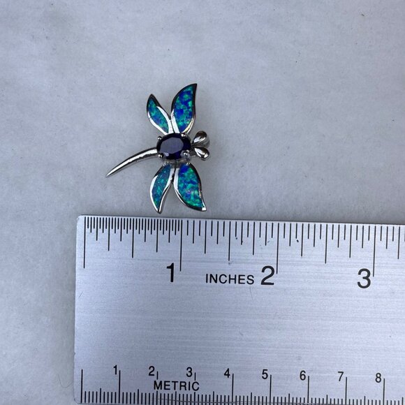 Sterling Silver Dragonfly Pin Brooch With Inlaid Blue Green Opal & Purple Stone - Picture 6 of 7